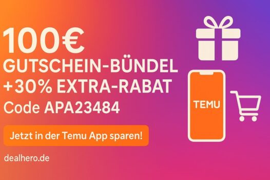 100 € Gutschein-Bündel +30 % Extra-Rabatt“, Gutscheincode APA23484 und Call-to-Action „Jetzt in der Temu App sparen!