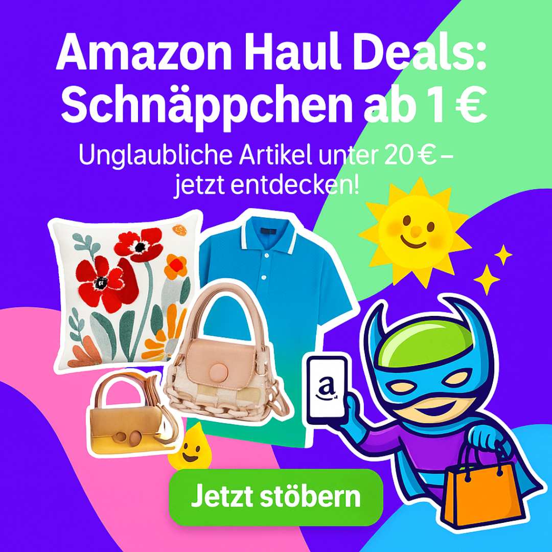 Amazon Haul Deals: Schnäppchen ab 1 €. Buntes Deal-Bild mit stylischen Amazon-Produkten wie Kissen, Tasche, Shirt und Emoji-Sonne, sowie dem Dealhero-Maskottchen mit Handy auf farbenfrohem Hintergrund.