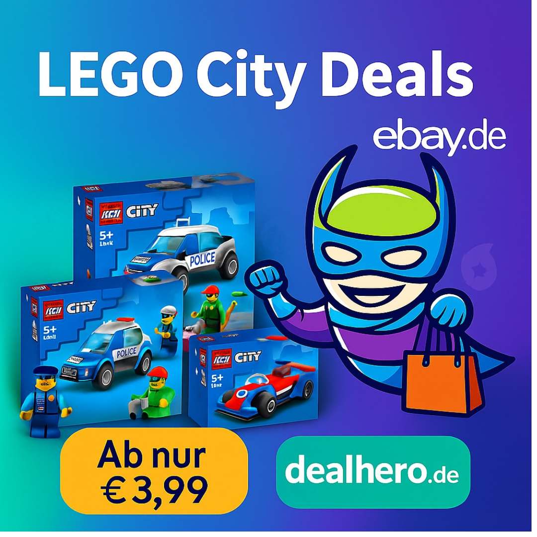 LEGO City Deals auf Ebay.de – Exklusive Angebote ab nur 3,99 €. Das Bild zeigt verschiedene LEGO City Sets und einen Hinweis auf günstige Preise, präsentiert im modernen Dealhero-Stil.
