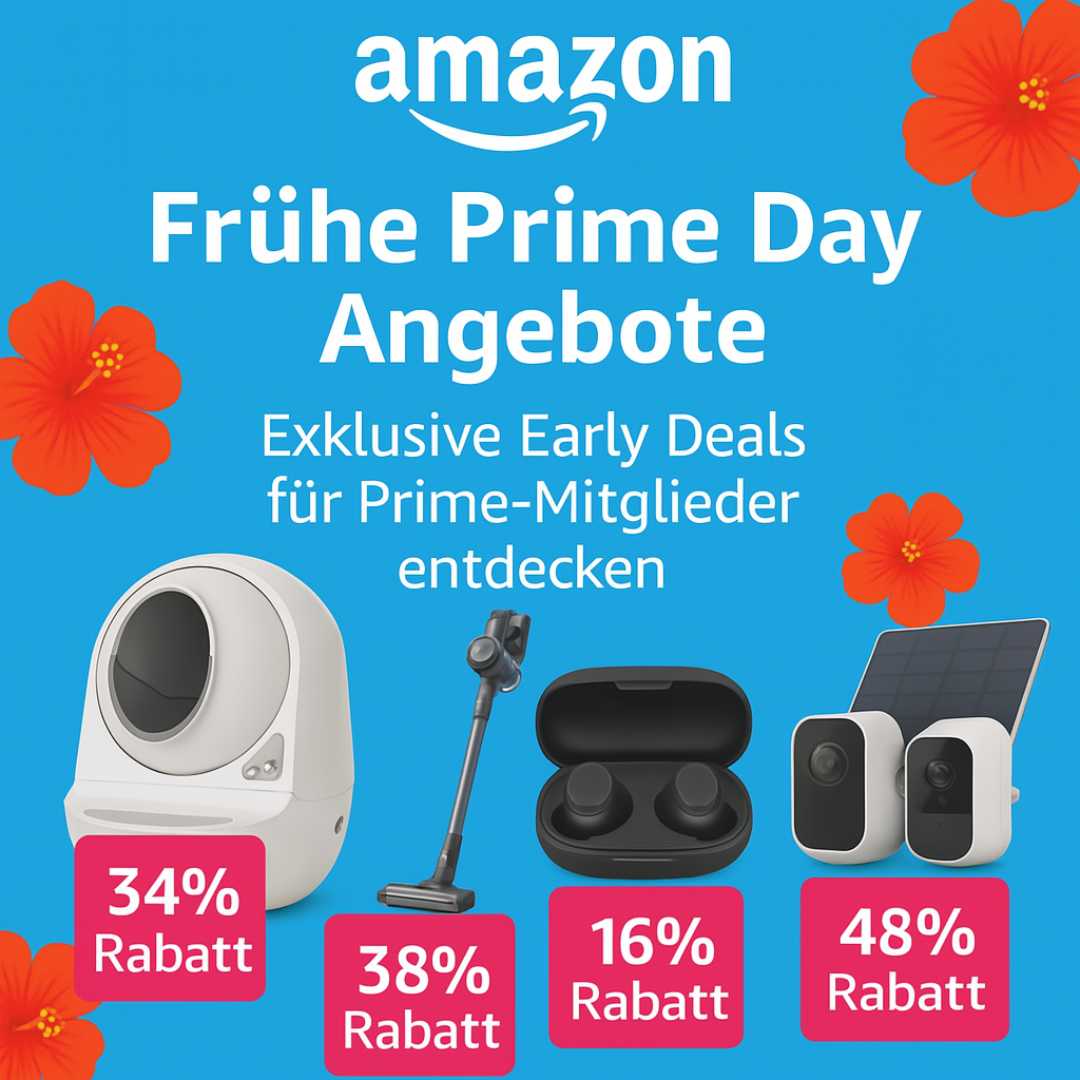 Frühe Prime Day Angebote Amazon, exklusive Early Deals, starke Rabatte für Prime-Mitglieder auf Technik, Haushalt und mehr